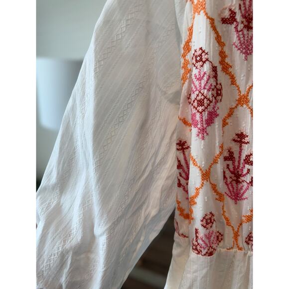 NWOT Fanco Embroidered Geometric Diamond Lattice Peasant Mini Dress White Large - Picture 6 of 11